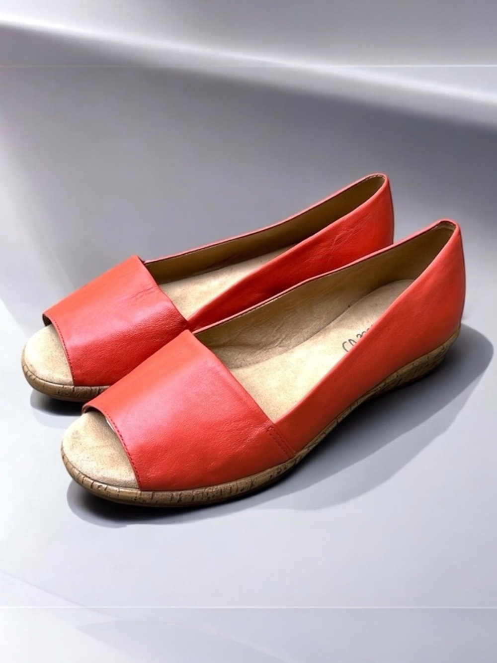 Michelle D Ellena Leather Low Wedge Open Toe Shoe in Coral Size 6 1/2